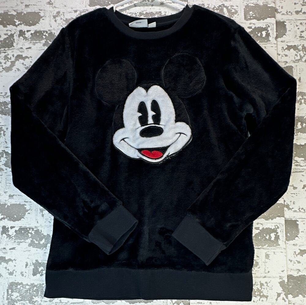 Disney Mickey Mouse Sweatshirt Womens S Black Plush Fleece Velour Crewneck